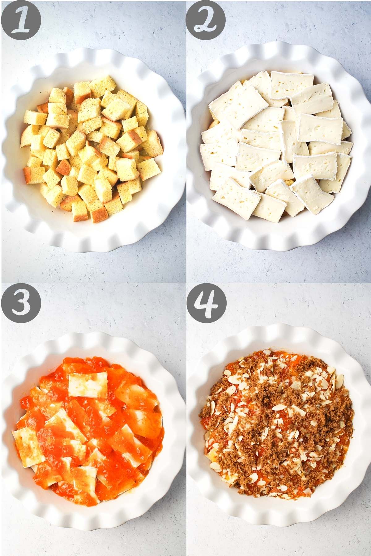 collage photo of cubed bread in a pie plate, topped with brie, topped with jam, and then topped with brown sugar and almonds