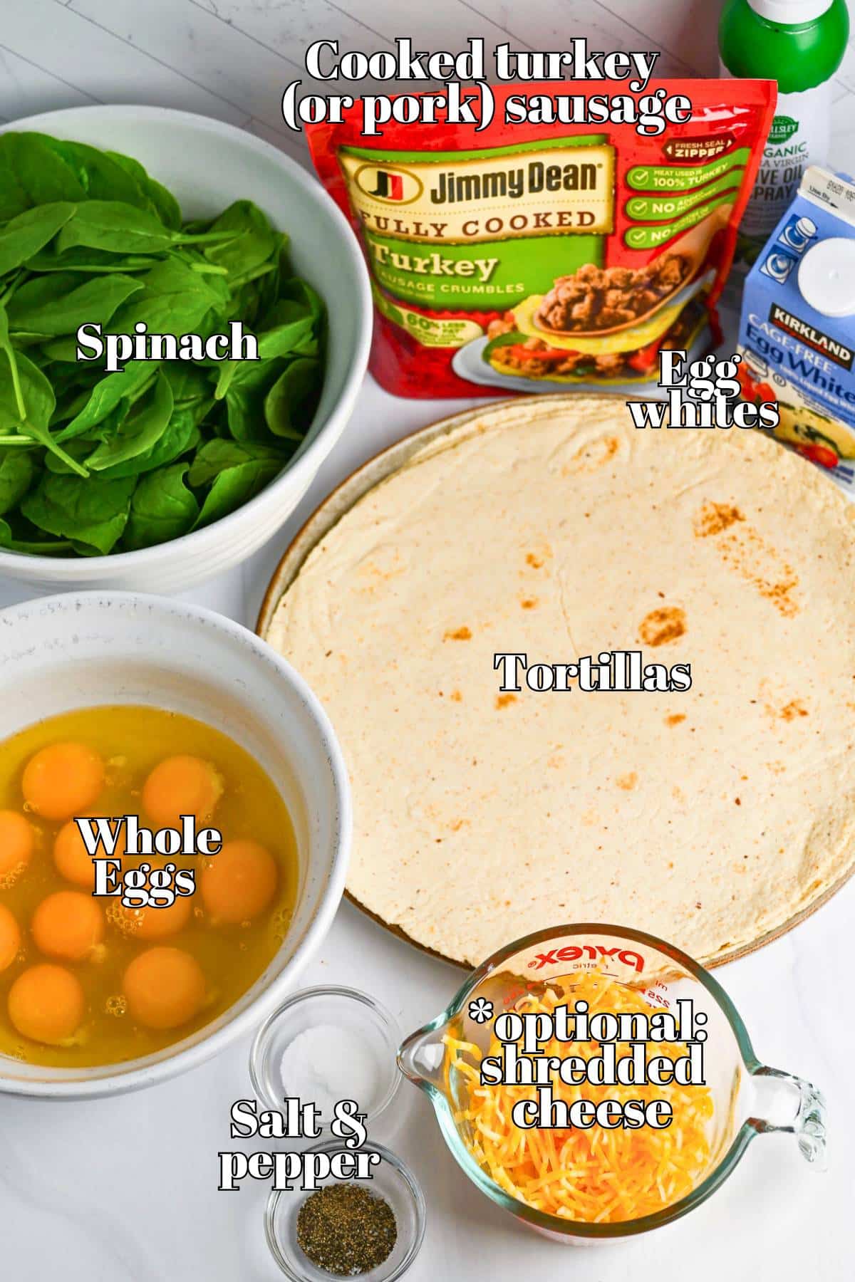 ingredients for high protein turkey sausage burritos measured out on a counter