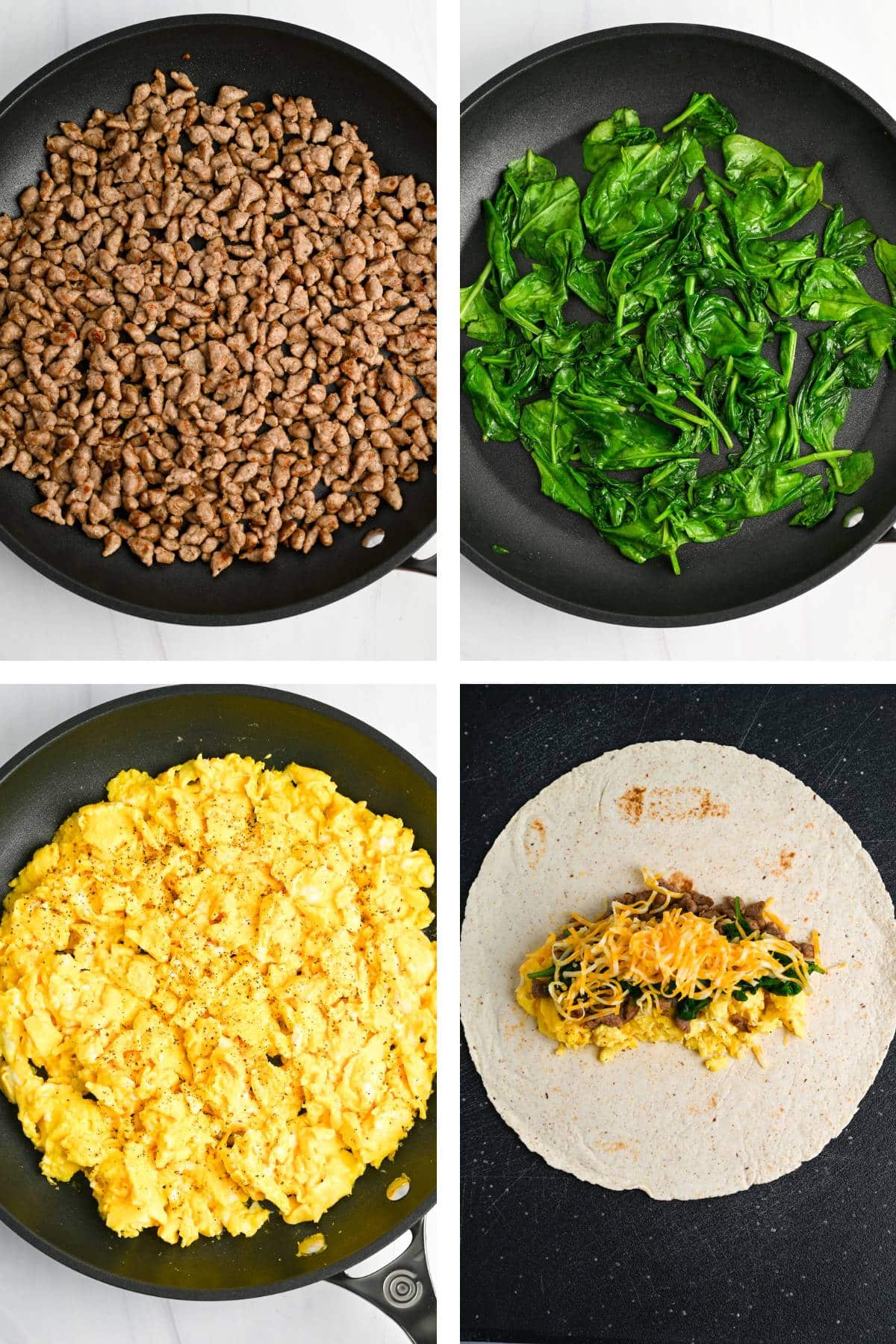 four photos showing how to cook the filling for high protein breakfast burritos