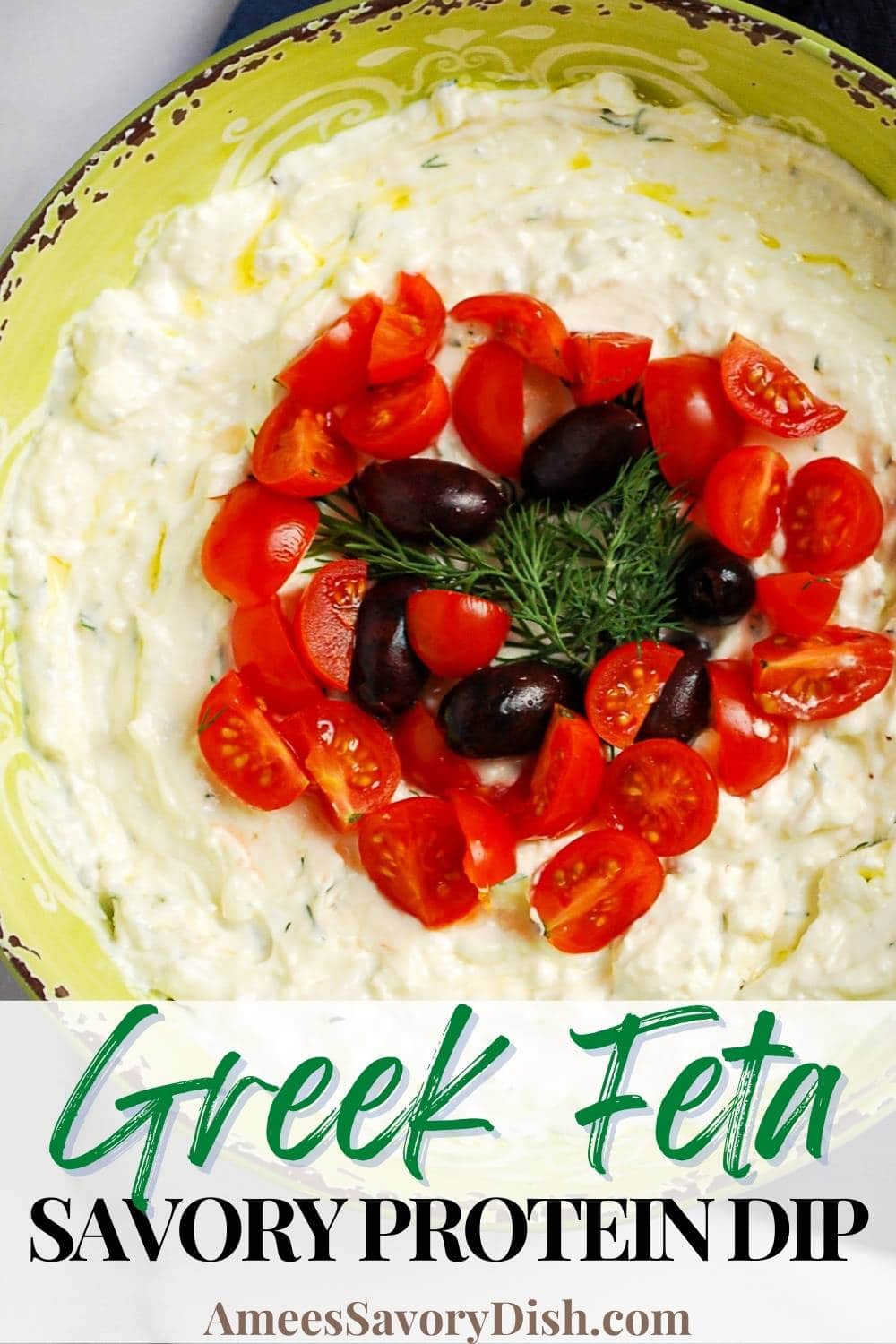 A flavorful whipped Greek feta protein dip made with Greek yogurt, whipped cream cheese, crumbled feta, herbs, and fresh lemon juice.  This dip recipe makes a great party appetizer or a tasty sandwich spread on pita bread or wraps! via @Ameessavorydish