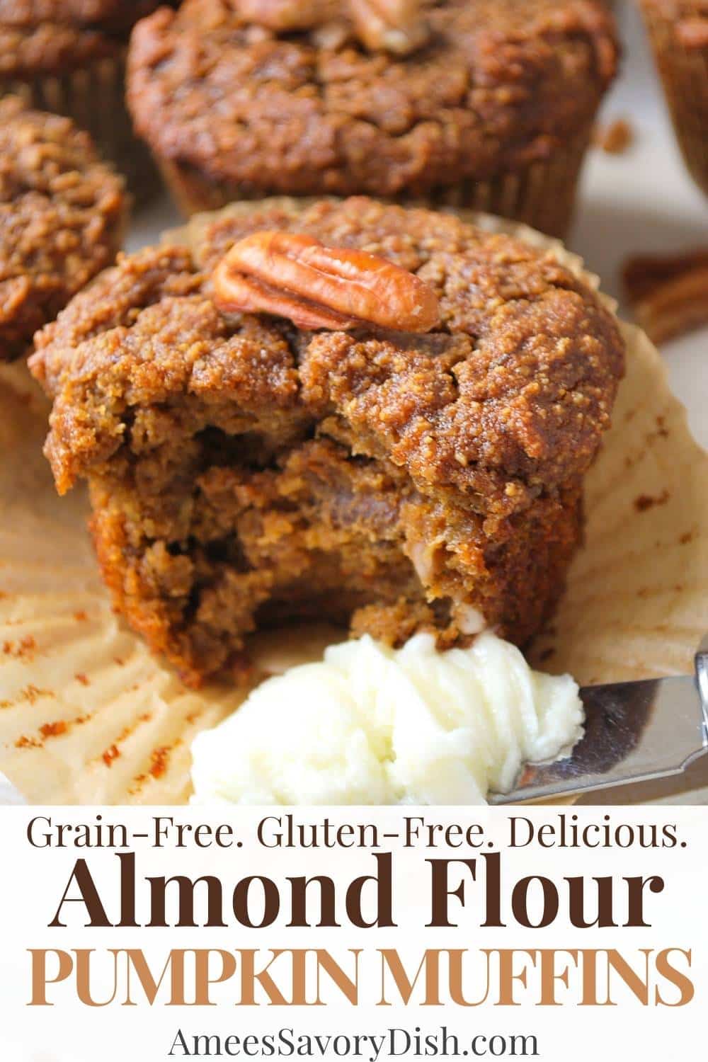 Almond Flour Pumpkin muffins are made with nutritious ingredients like almond flour, coconut sugar, dates, and nuts -healthy and delicious! via @Ameessavorydish