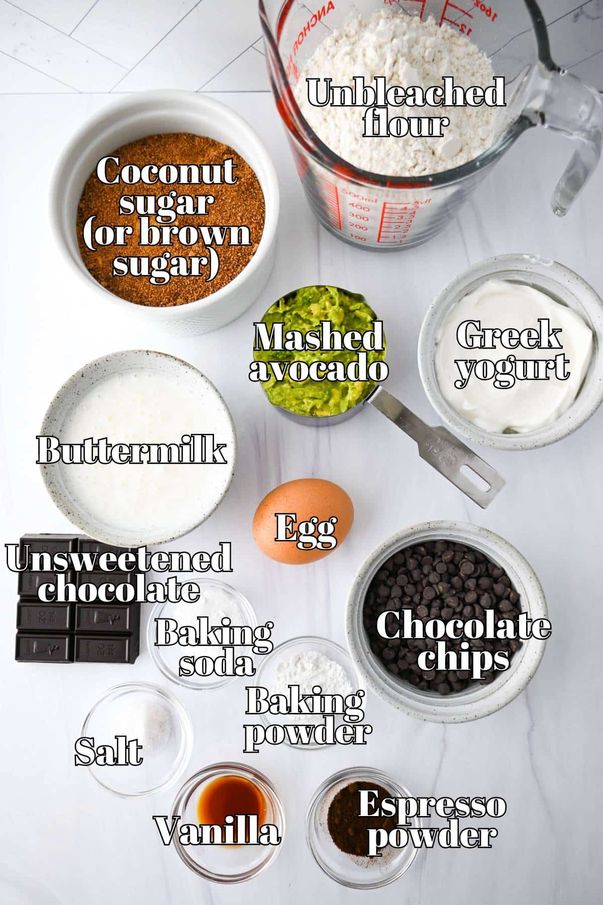 ingredients for avocado chocolate muffins measured out on a counter