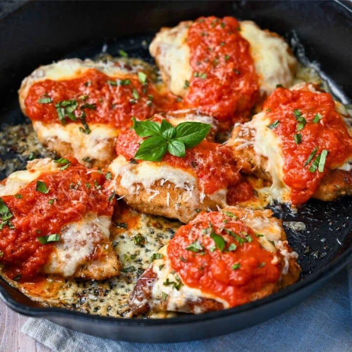 chicken parm in a cast iron skillet