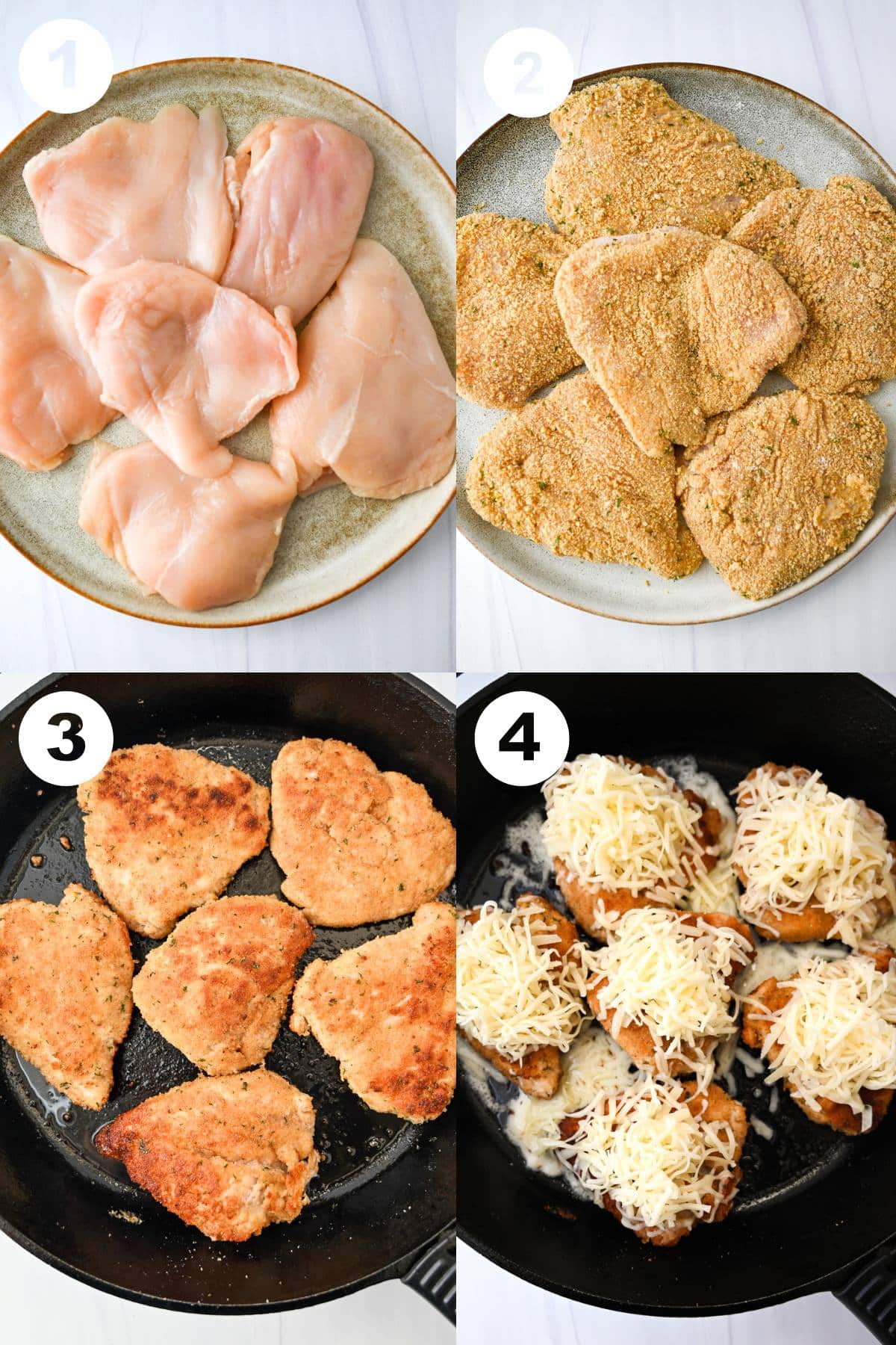 collage of steps to dredge and cook breaded chicken breasts and topped with melted cheese