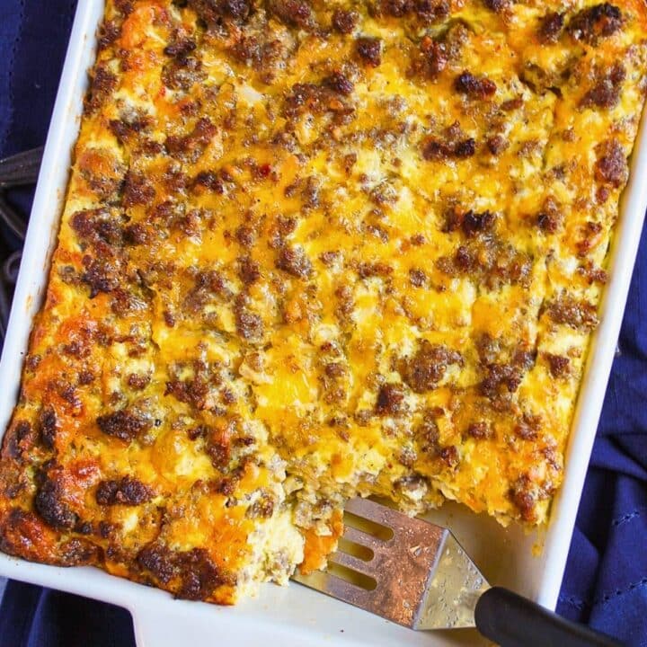 sausage egg casserole with a slice cut out