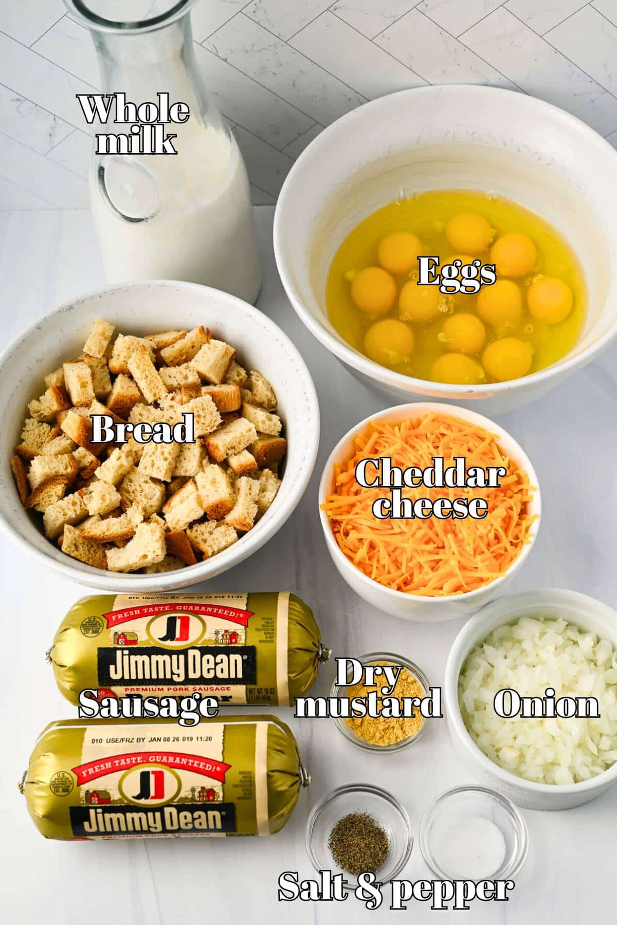 ingredients for making a sausage egg bread casserole