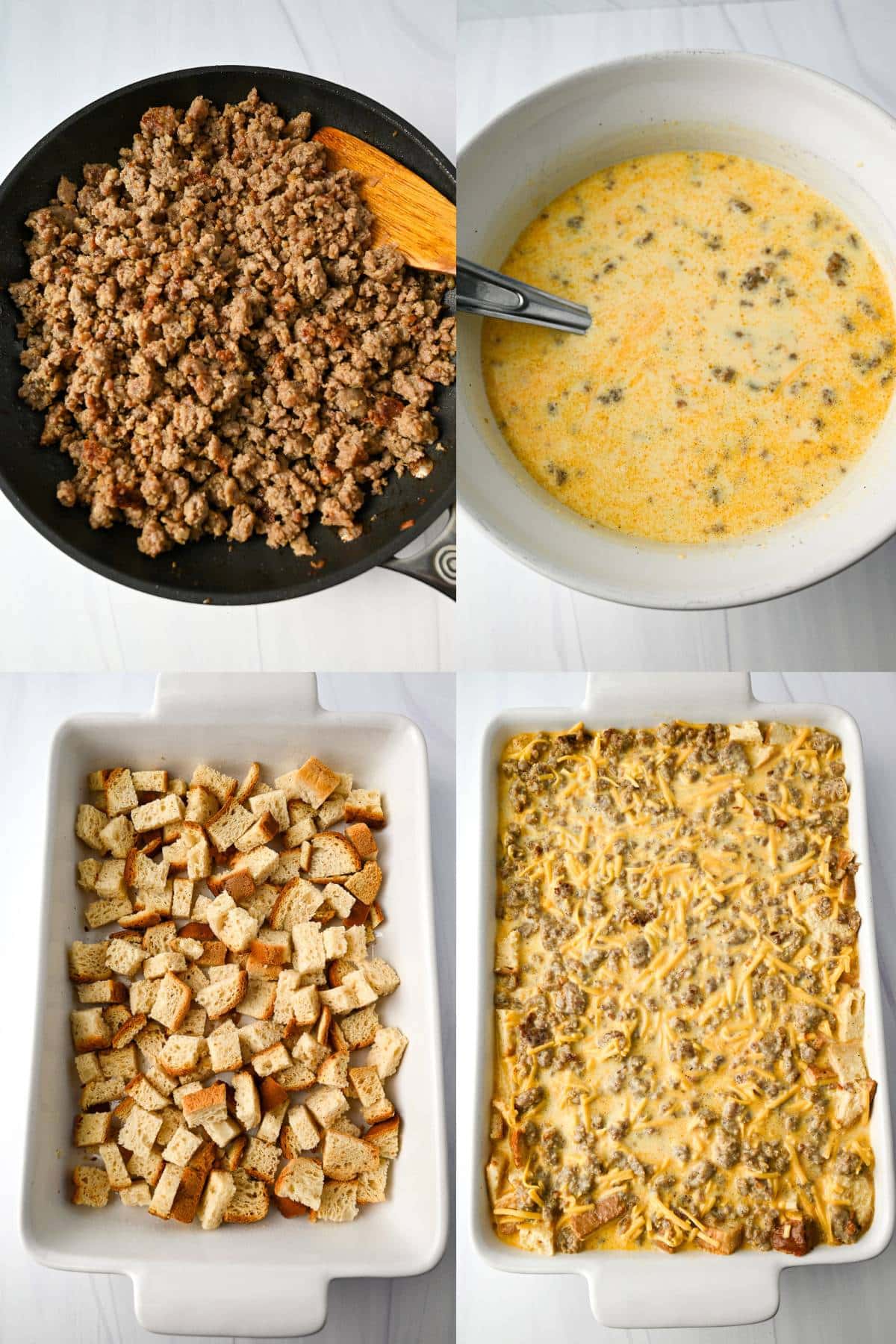 collage photo showing sauteed sausage, egg mixture in a bowl, cubed bread in a pan, and a casserole ready to bake