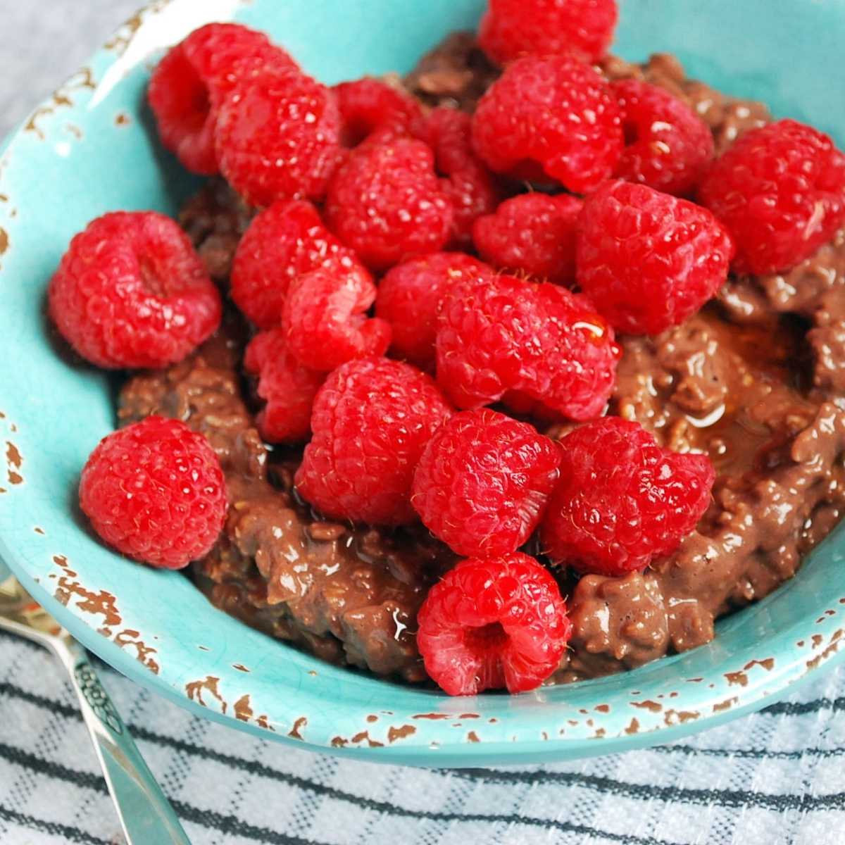 Easy Chocolate Protein Oats with Fresh Raspberries- Amee's Savory Dish