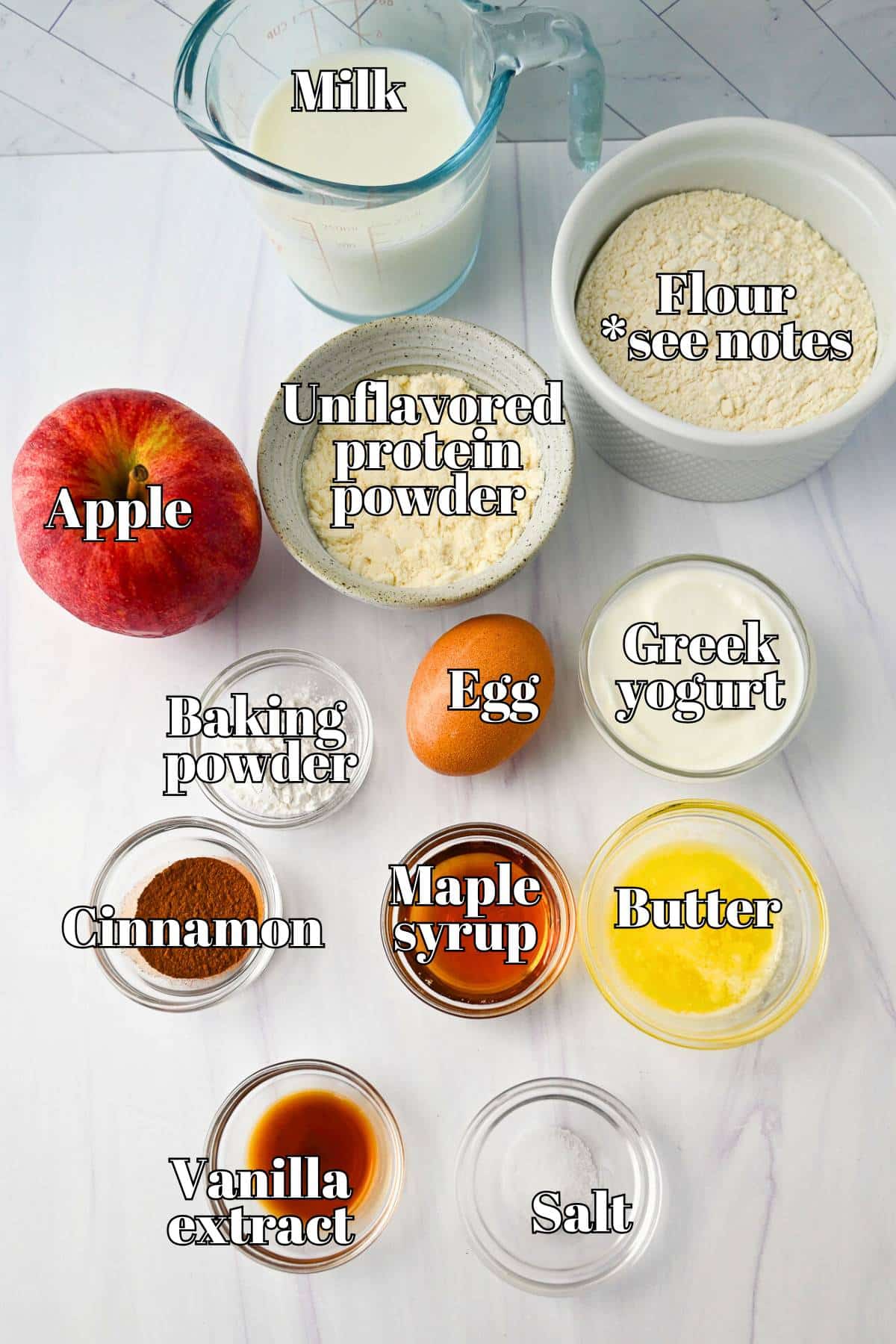 ingredients for apple protein pancakes measured out on a counter