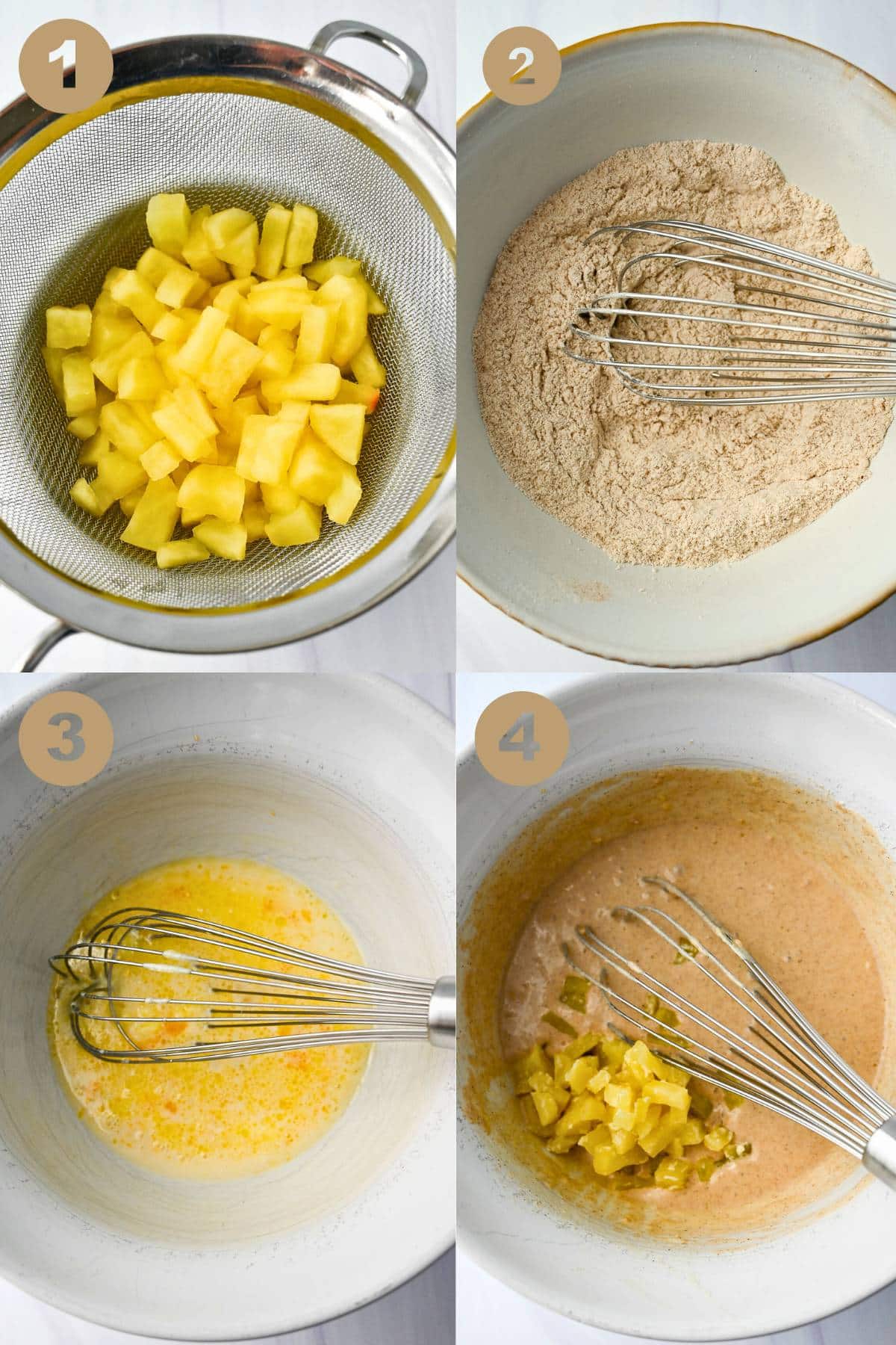 step photo collage of making cooked apples and apple cinnamon pancake batter