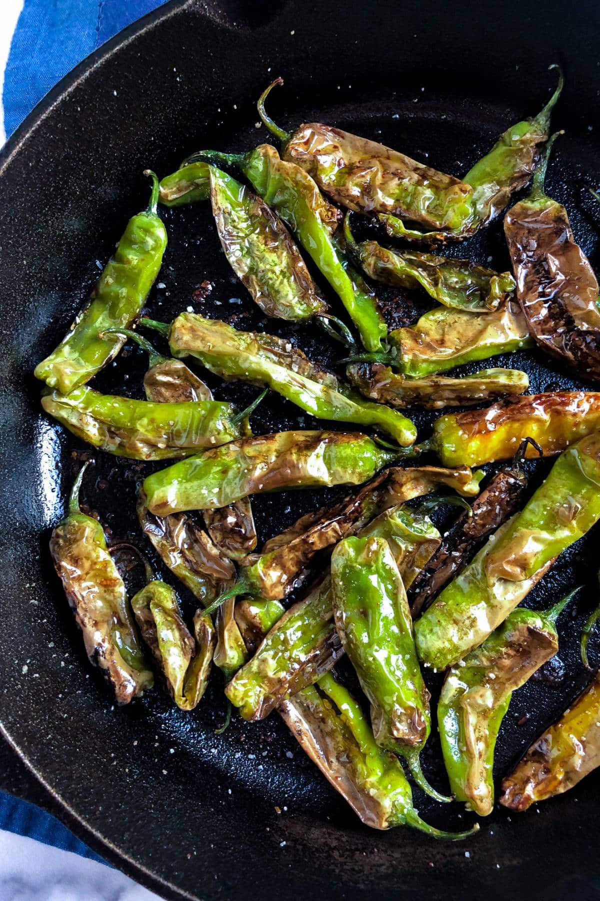 blistered shishito peppers tossed in a japanese sauce in a cast iron skillet
