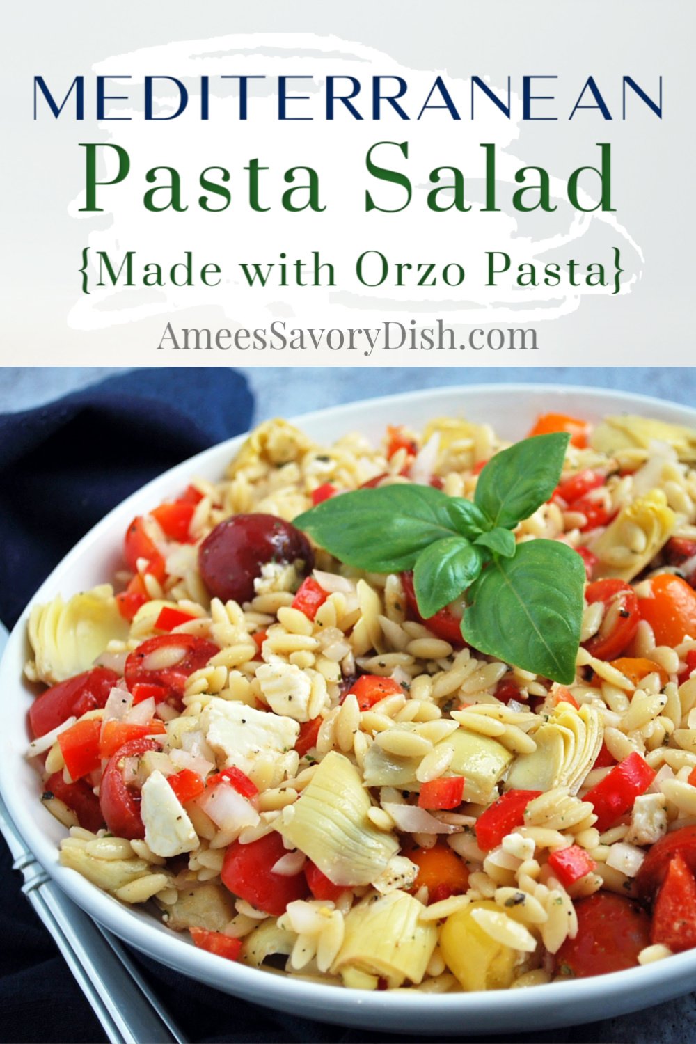 A flavorful orzo pasta salad recipe made with artichoke hearts, tomatoes, bell pepper, onion, and feta cheese tossed in a simple vinaigrette dressing.  #pastasalad #orzopasta #orzopastasalad #sidedishrecipes via @Ameessavorydish