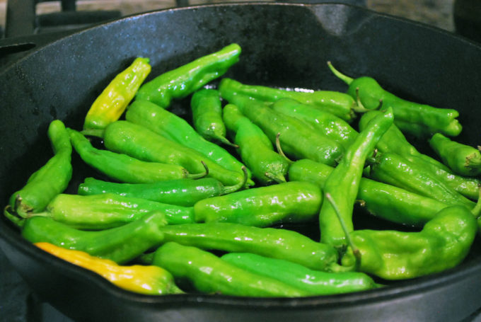 Pan of Shishito peppers ready to cook