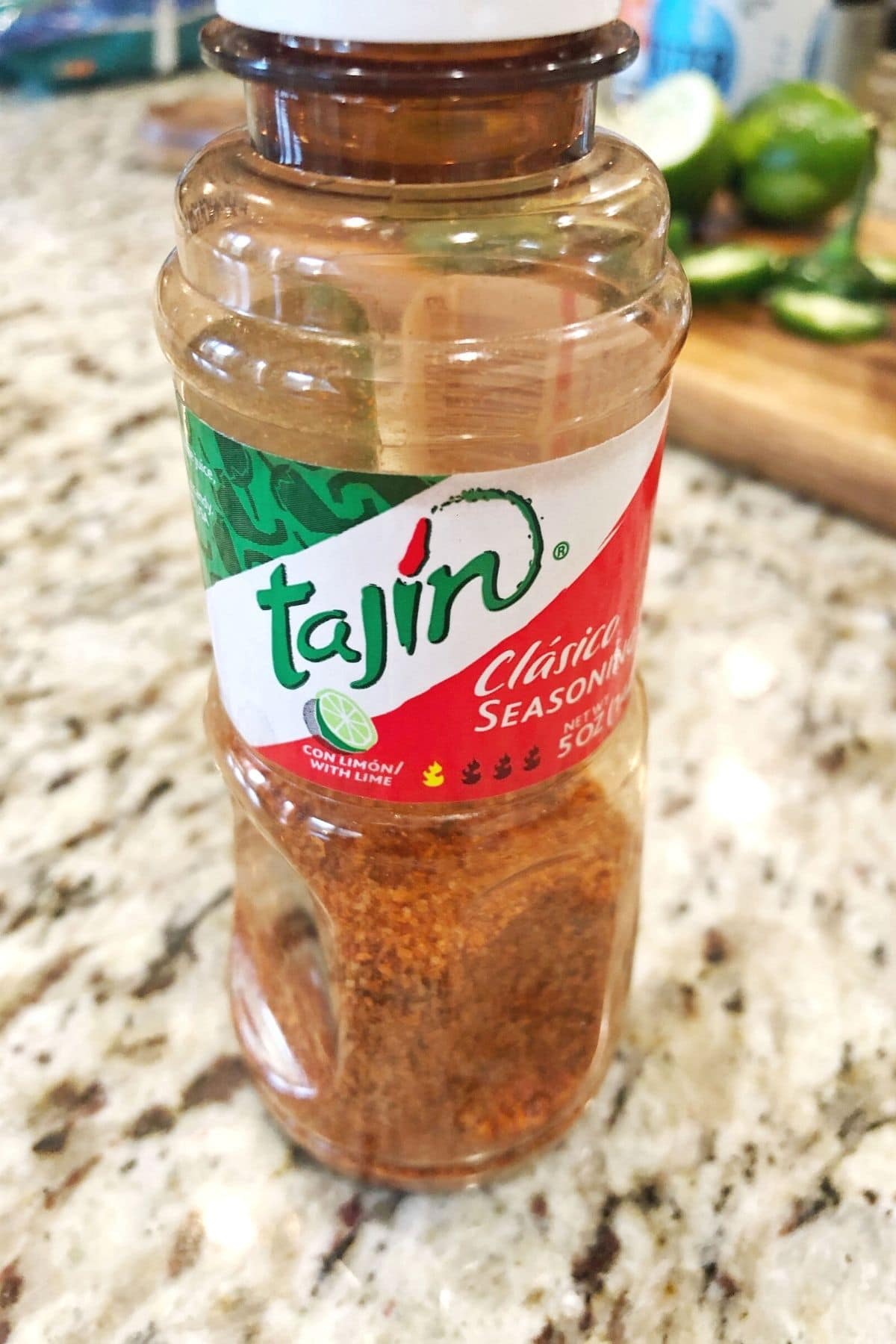 bottle of Tajin seasoning on a counter