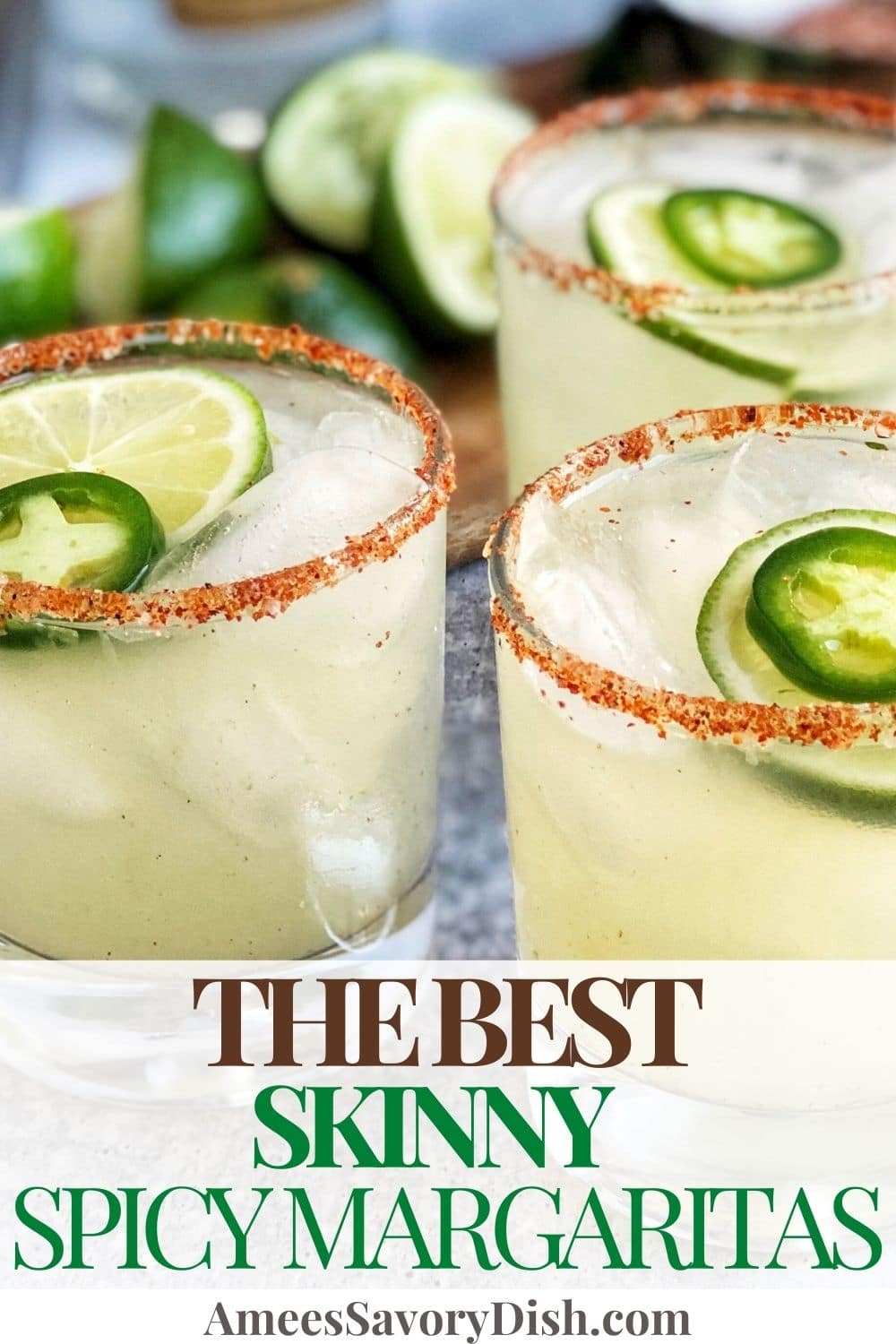 This recipe for skinny spicy margaritas is the perfect blend of sweet, tart, and heat with a touch of fizz for a refreshing and flavorful cocktail.   via @Ameessavorydish