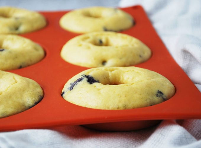 blueberry protein donuts baked in a silicone pan