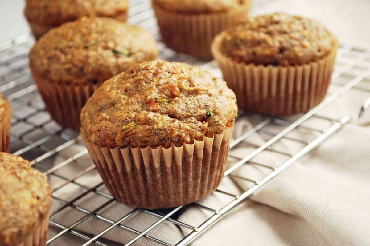 zucchini bran muffins on a cooling rack