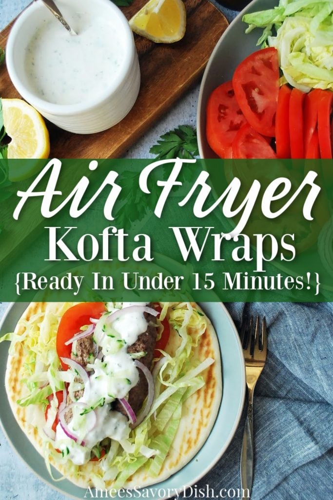 overhead shot of kofta wrap with all the fixings and font overlay