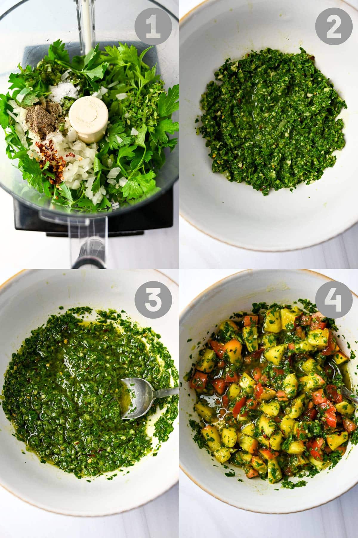 four steps to make peach chimichurri- in food processor and mixed in a bowl
