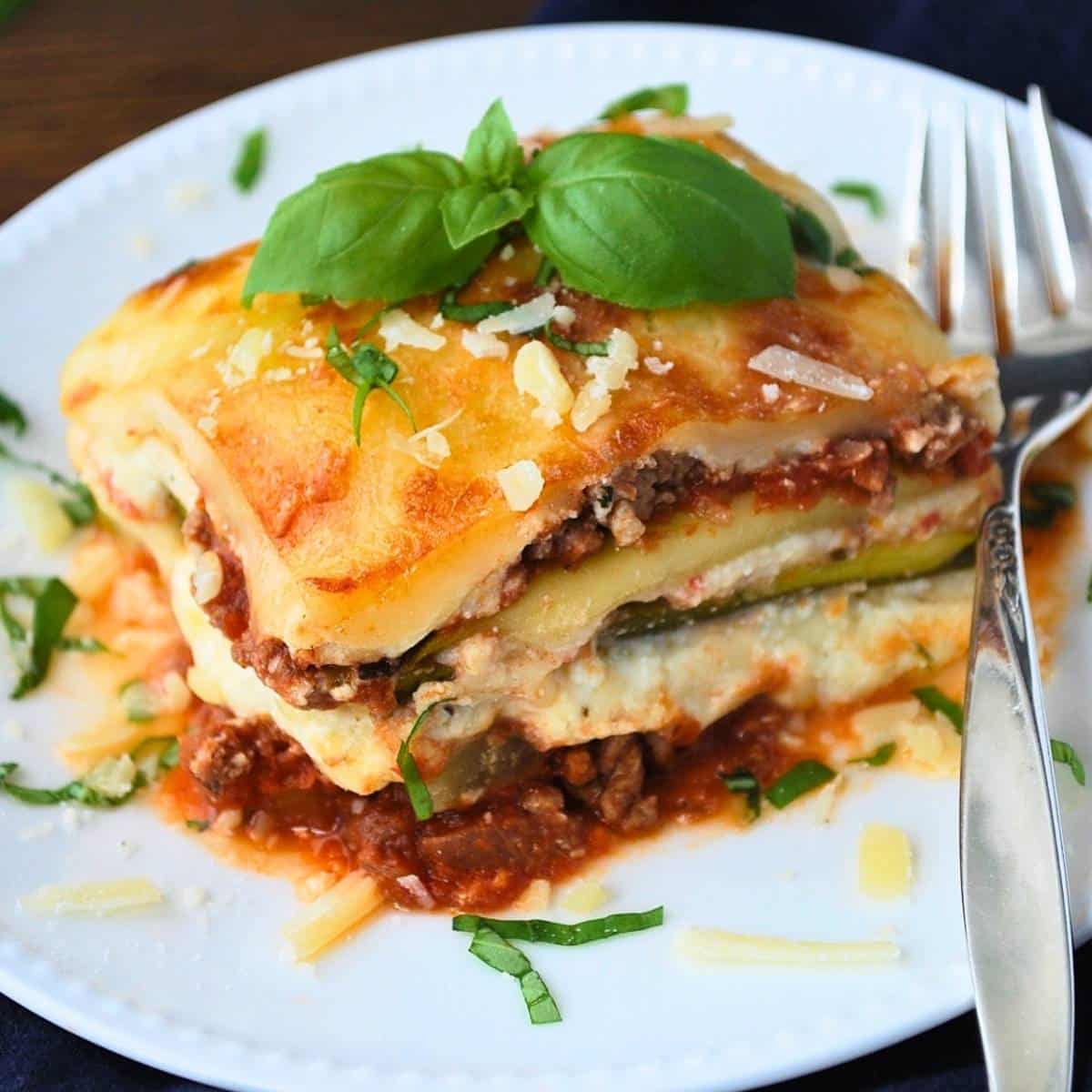 close up of a slice of zucchini lasagna