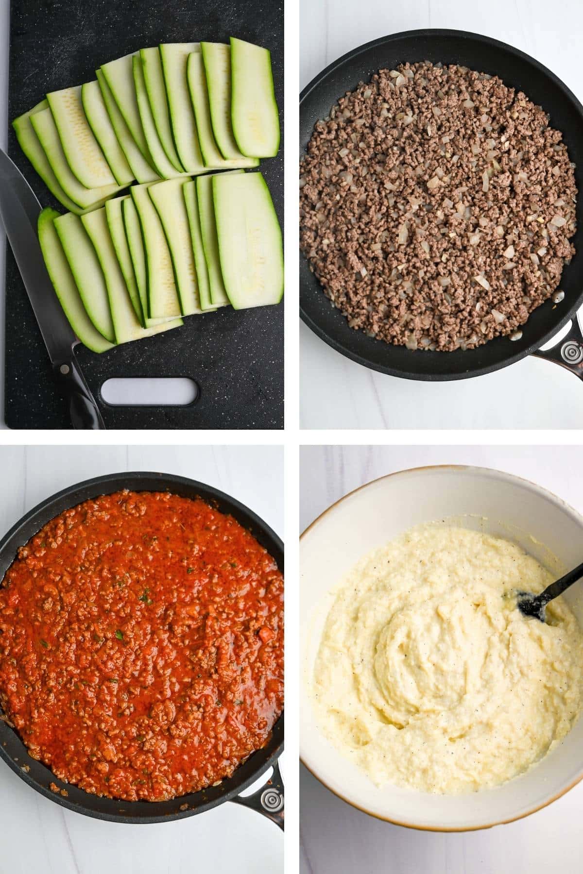steps to make zucchini lasagna: sliced zucchini, cooked ground beef and onion, finished marinara sauce, and ricotta cheese mixture in a bowl