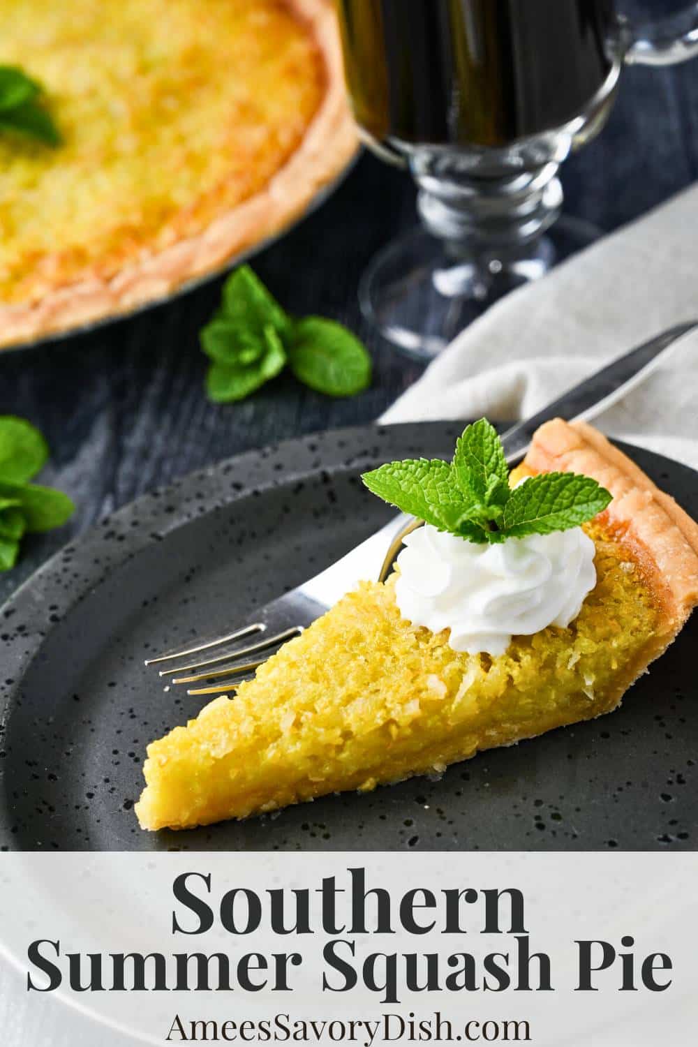 Summer squash pie a custard-based pie made with yellow squash, coconut, eggs, butter, vanilla, and flour.  This southern summer pie recipe is sweet, creamy, and full of flavor.  via @Ameessavorydish