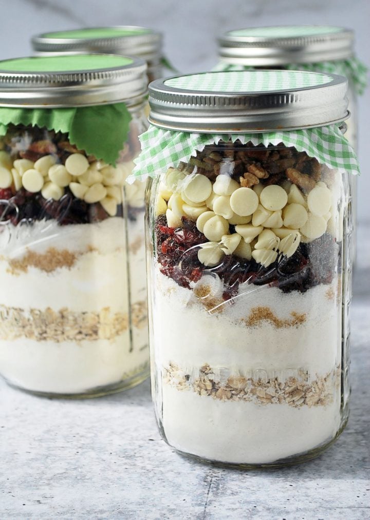 four jars of cookie mix for holiday gifts