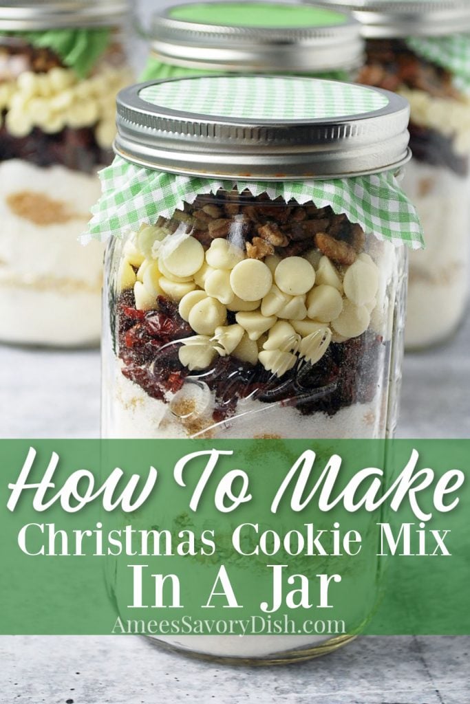 close up photo of cookie mix layered in a mason jar with decorative lid