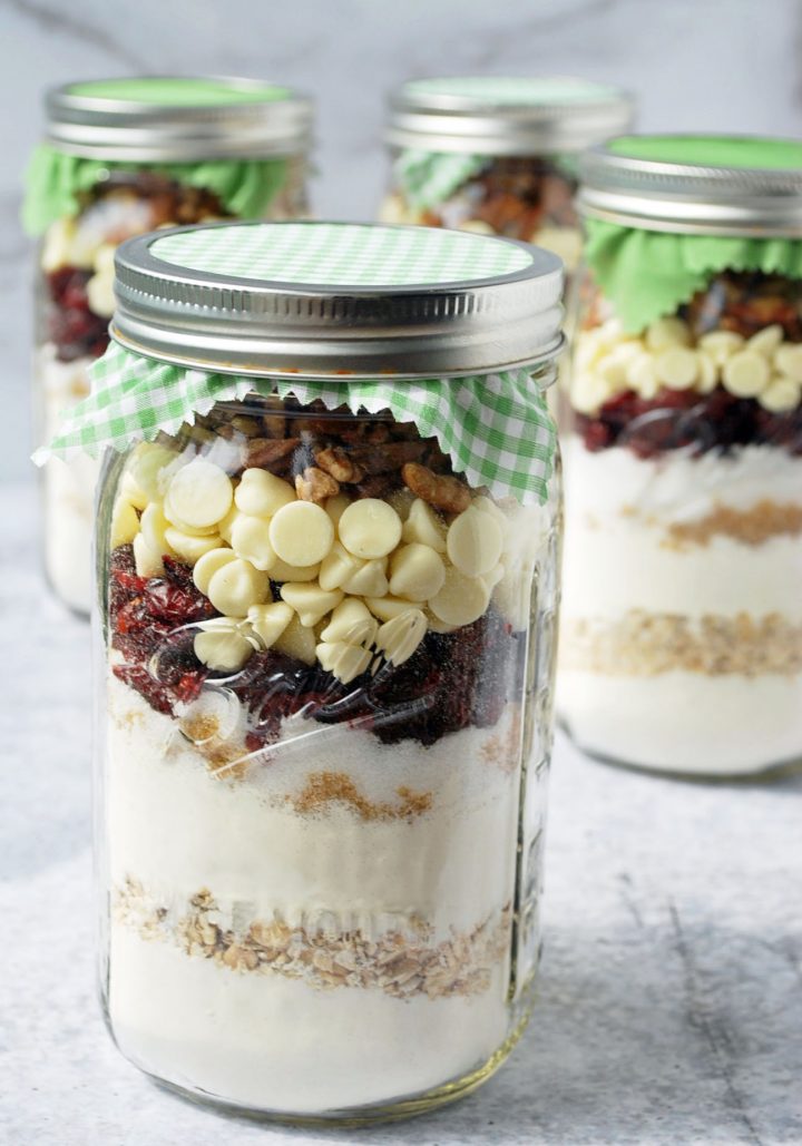 Cranberry white chocolate chip oatmeal cookie mix in four jars
