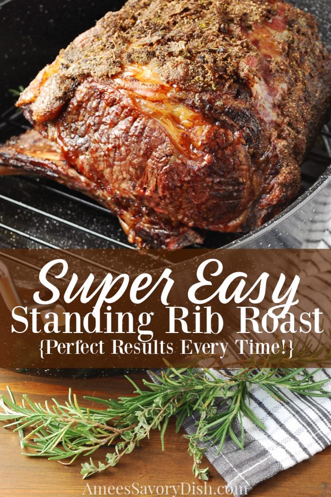 cooked standing rib roast in a pan with description for Pinterest 