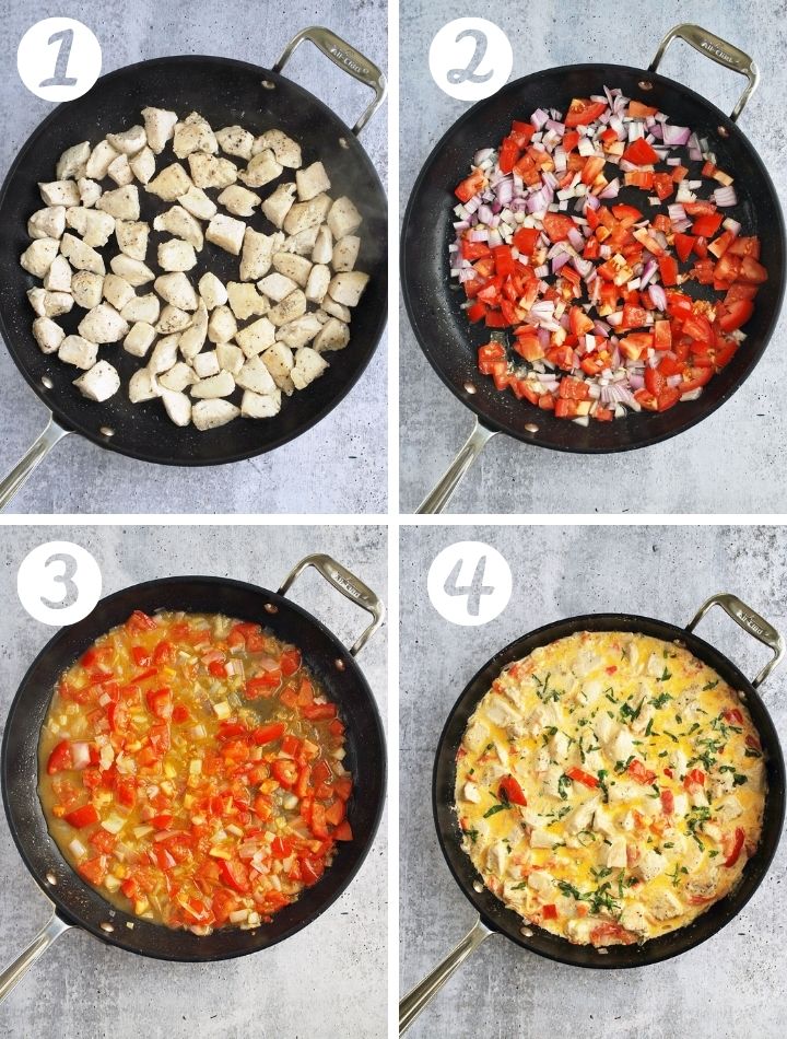 step by step photo of making this dish in a skillet: cooked chicken; sauteed veggies; veggies with wine and stock; final dish 