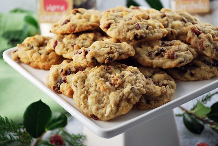 white chocolate cranberry oatmeal cookies on a serving platter