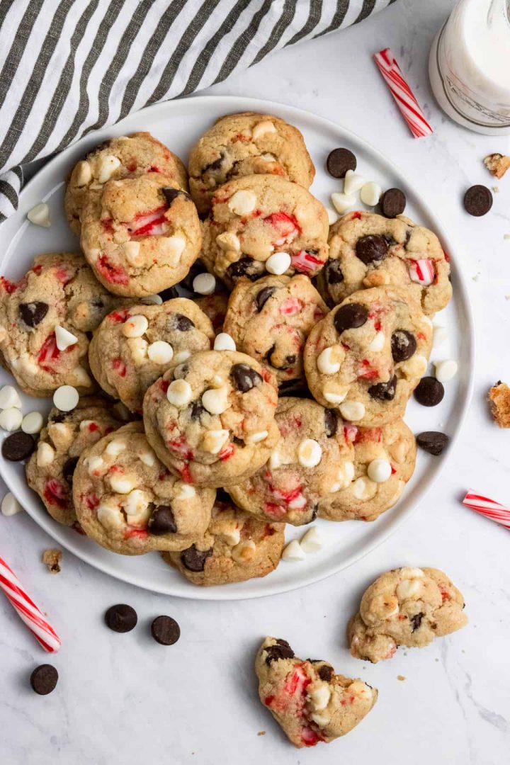 peppermint chocolate chip cookies on a platter