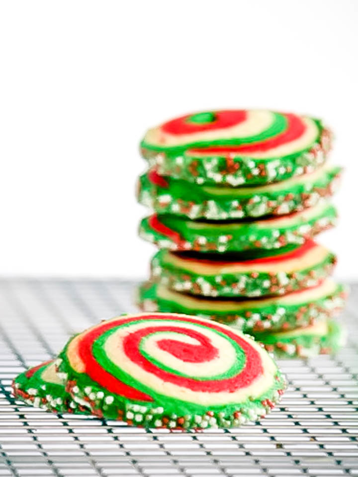 Peppermint pinwheel cookie stack from Crumbs and Corkscrews