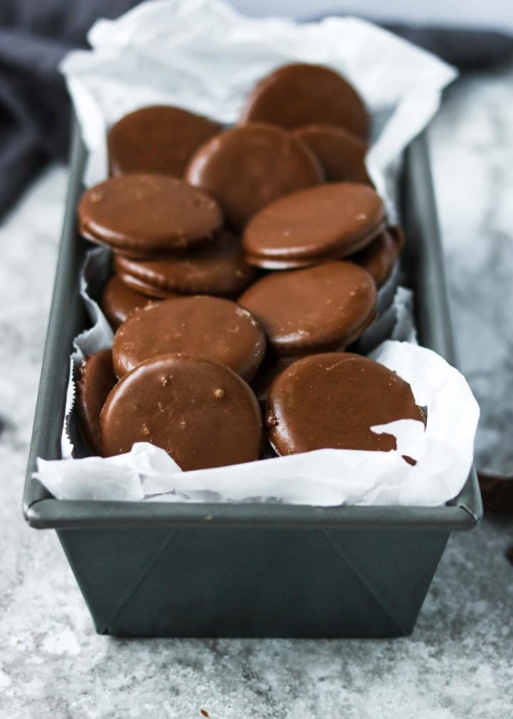 thin mint cookies in a bread pan lined with wax paper