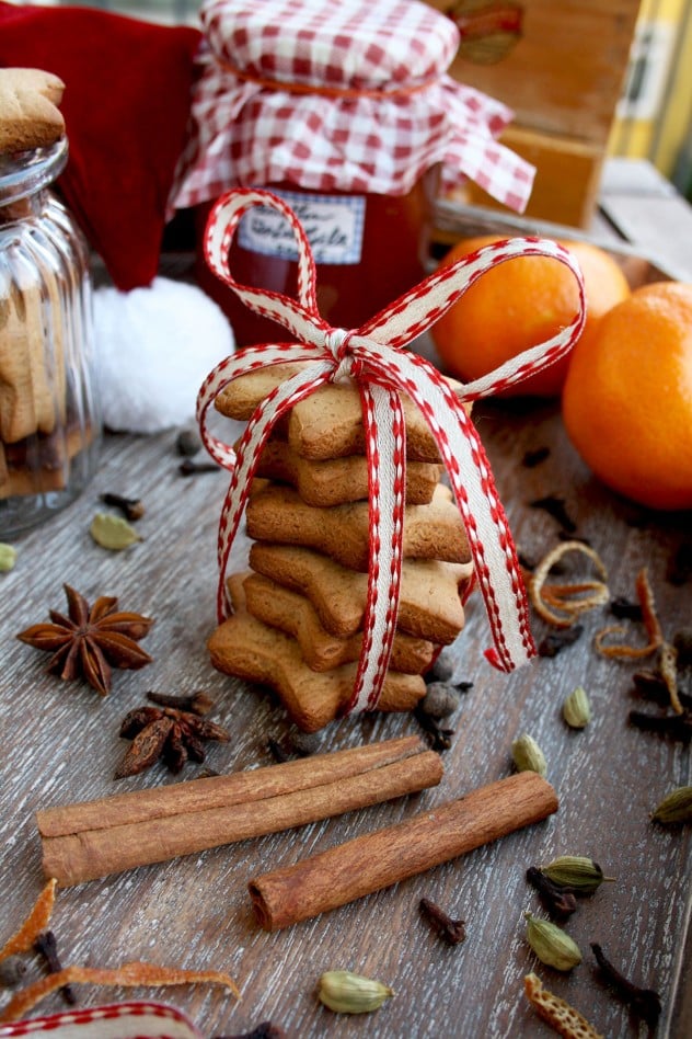 German Christmas cookies stacked and tied with a ribbon