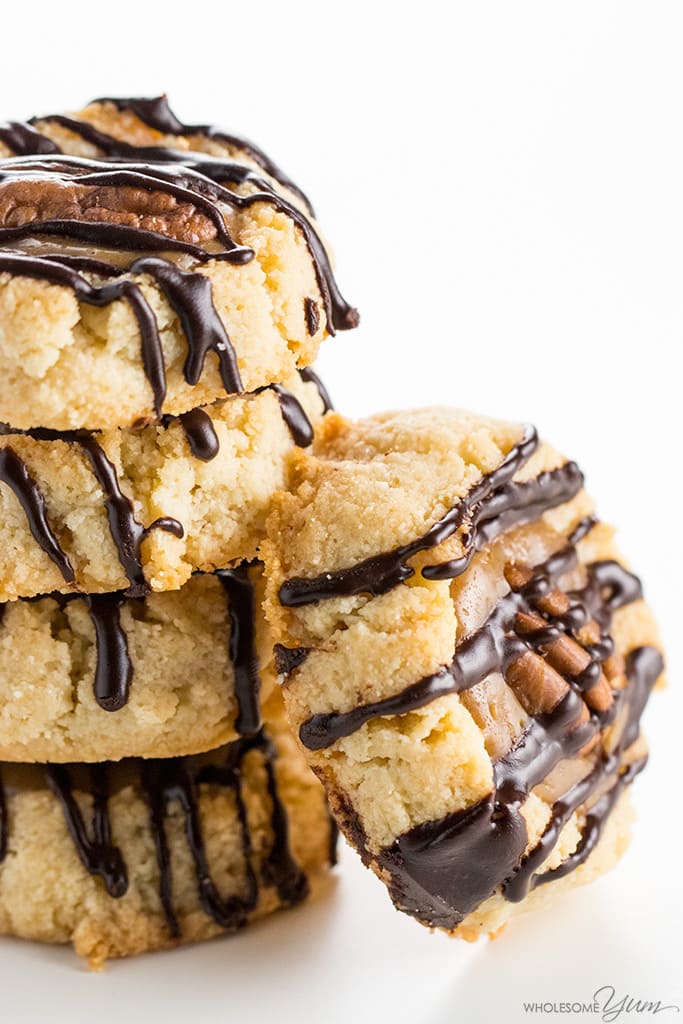 healthier caramel pecan turtle cookies stacked