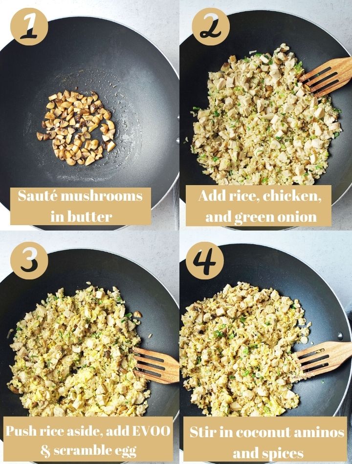 Four photo collage of steps for making the fried rice with text overlay descriptions