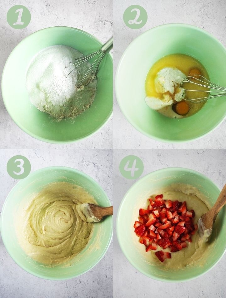 Photos of the four steps of mixing ingredients for strawberry muffins