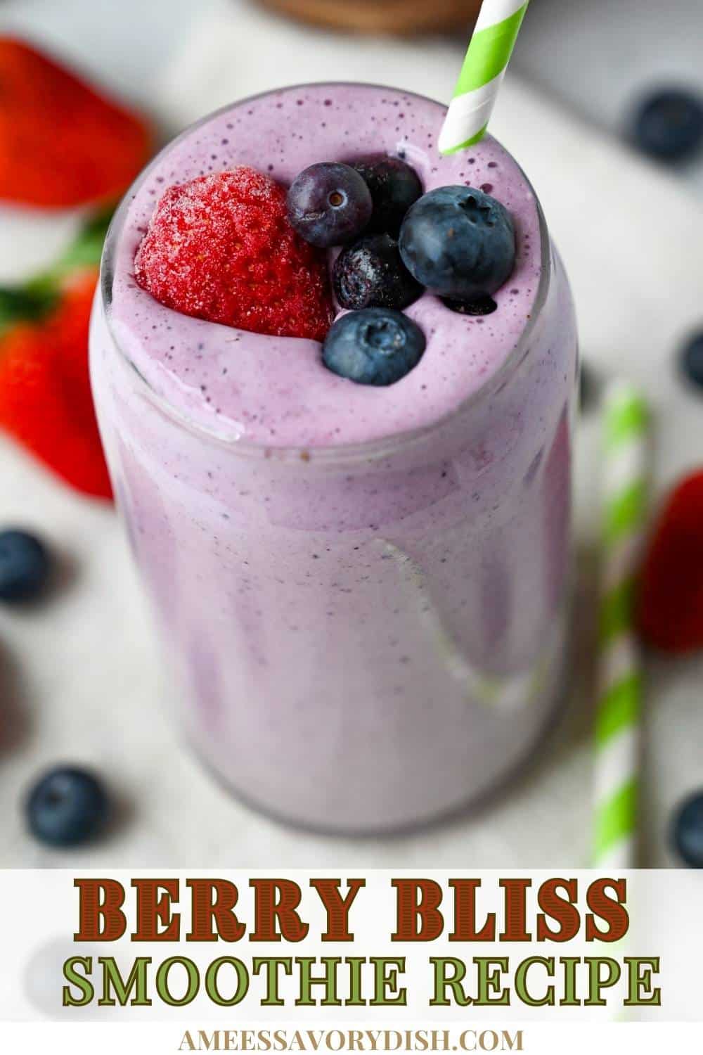 This delicious High-Protein Berry Bliss Smoothie is made with Greek yogurt, whey protein, flaxseed, frozen bananas, and a blend of frozen blueberries and strawberries. via @Ameessavorydish