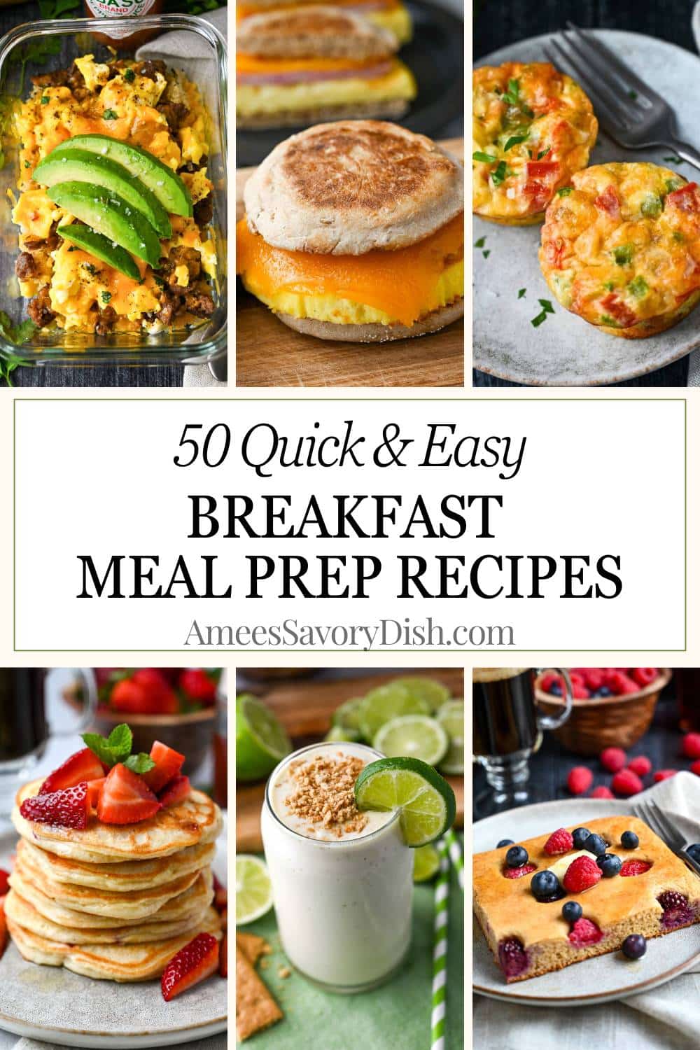 collage of six breakfast meal prep recipe photos