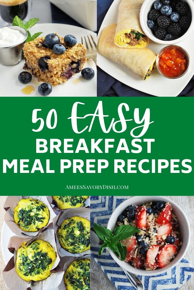 collage photo of breakfast recipes including egg muffins, quinoa bowl, baked oats, and a breakfast burrito
