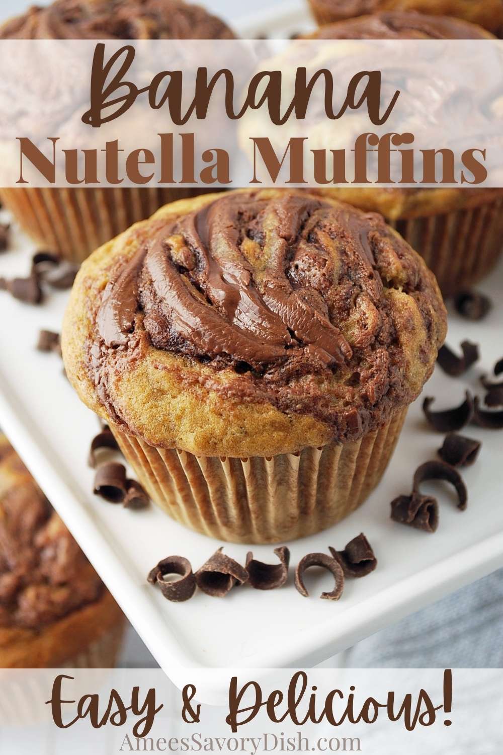 These easy Banana Nutella muffins are loaded with flavor! Moist banana muffins with a delicious swirl of chocolate-hazelnut spread throughout. This easy muffin recipe is kid-friendly and ready in 30 minutes! #nutellamuffins #nutellabananamuffins #nutella #banananutellamuffins via @Ameessavorydish