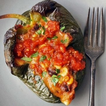 a vegetarian stuffed poblano pepper on a plate topped with salsa