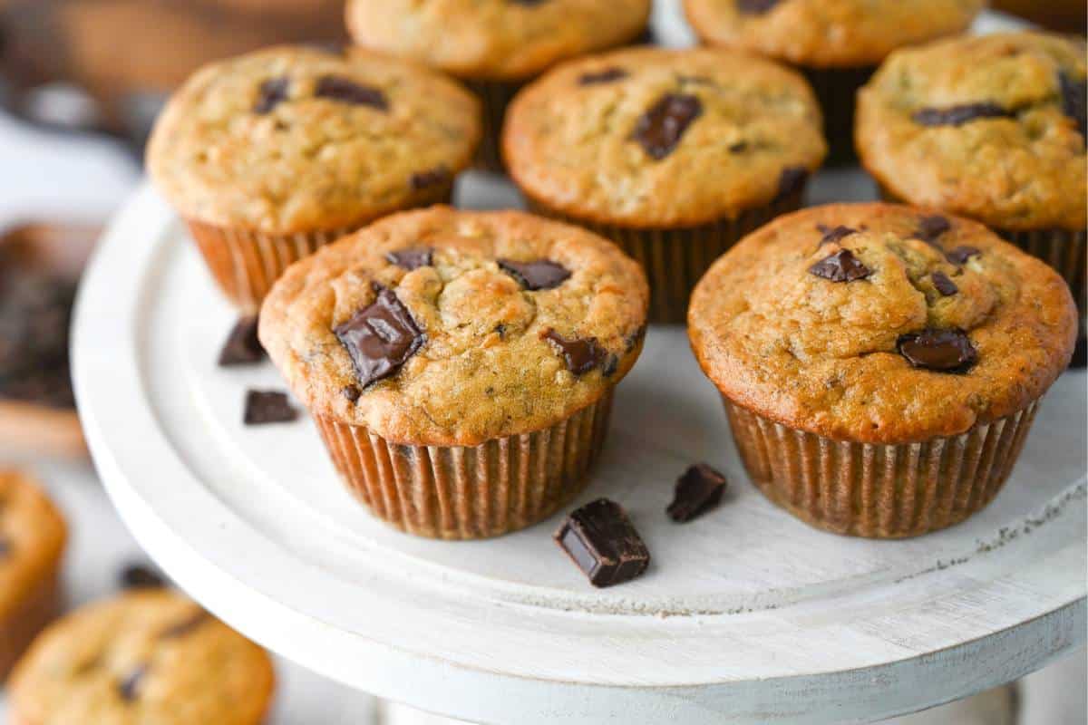 a platter of muffins with chocolate chunks around them