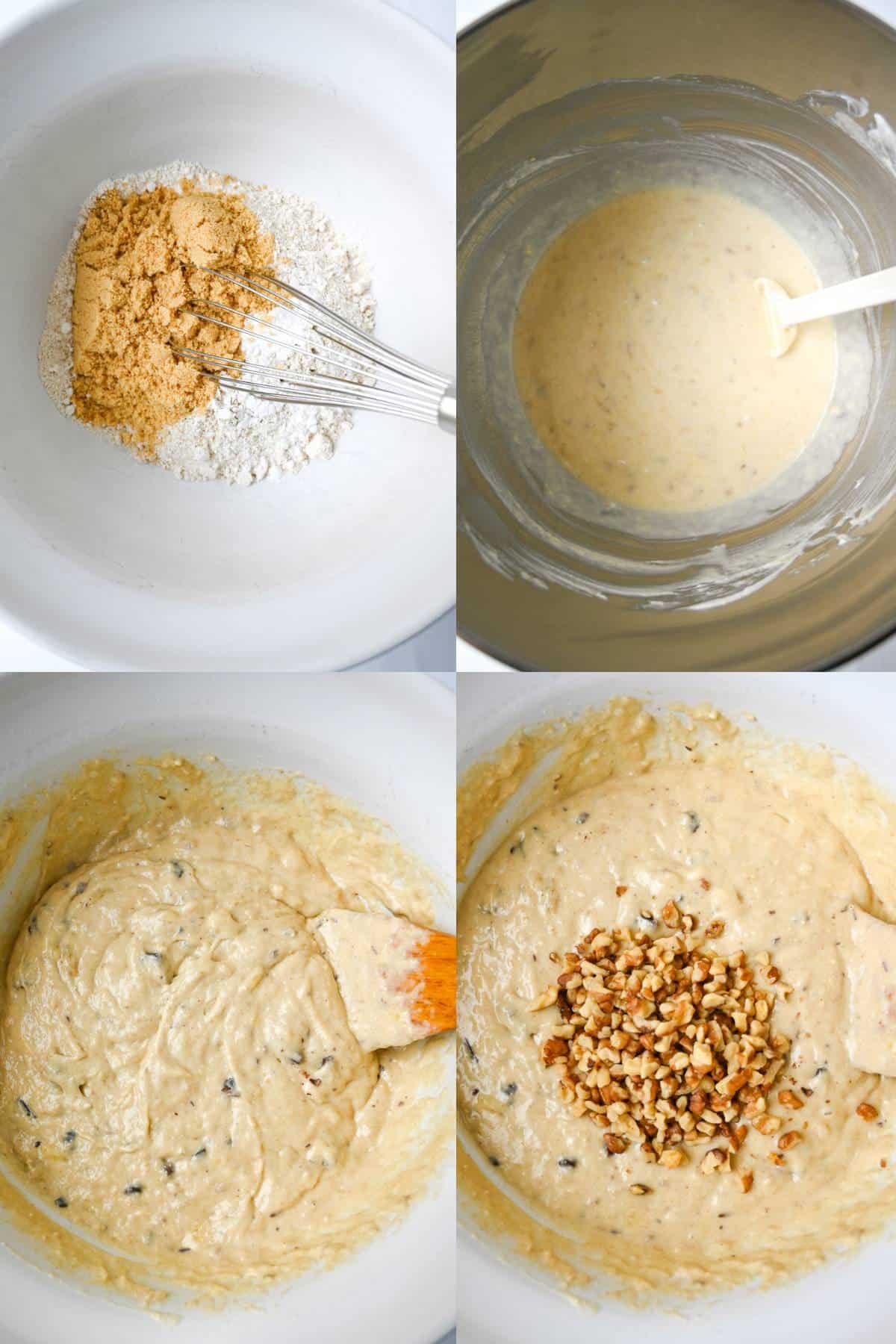 step photos of mixing banana muffin batter