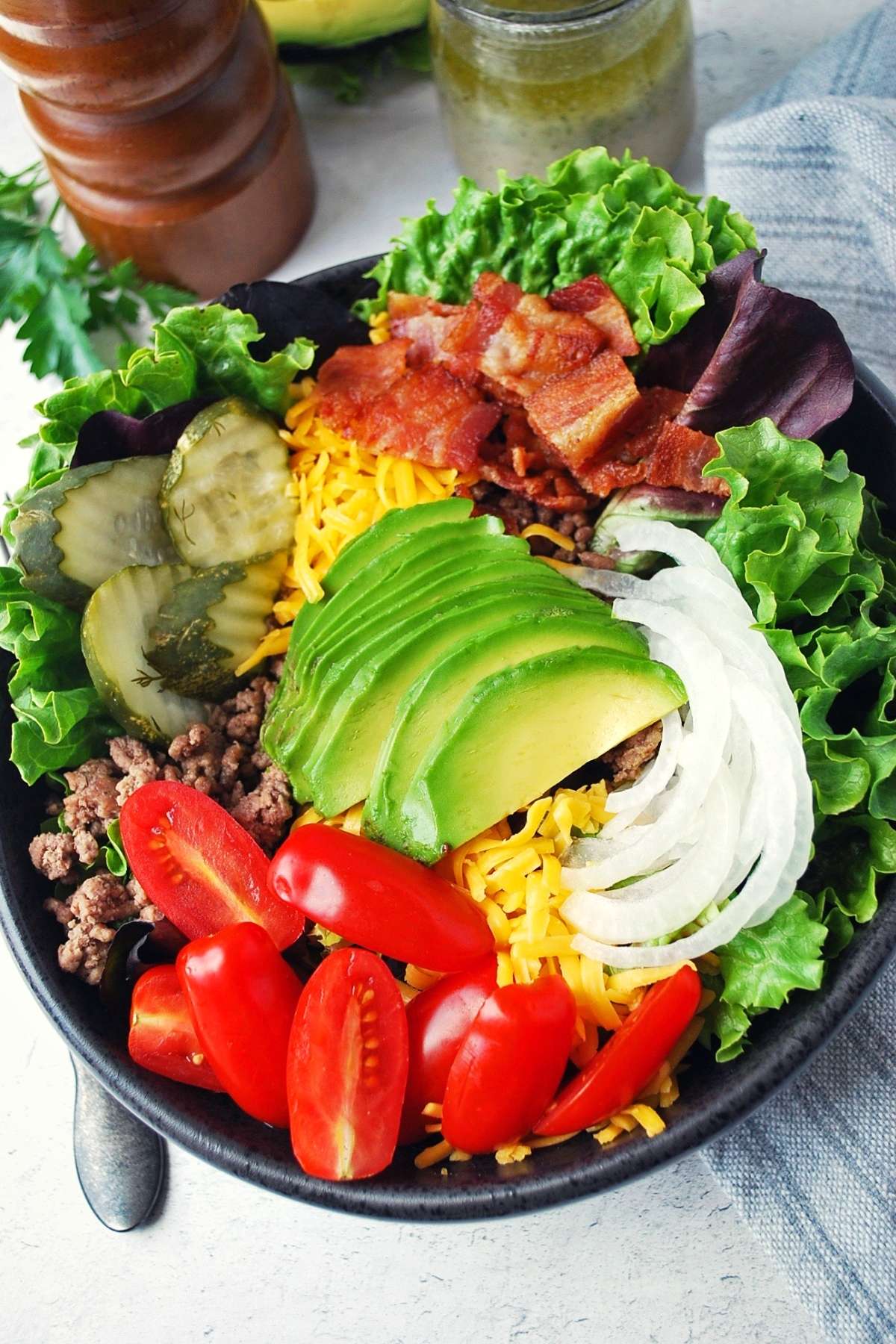 overhead photo of California burger bowl with all the toppings