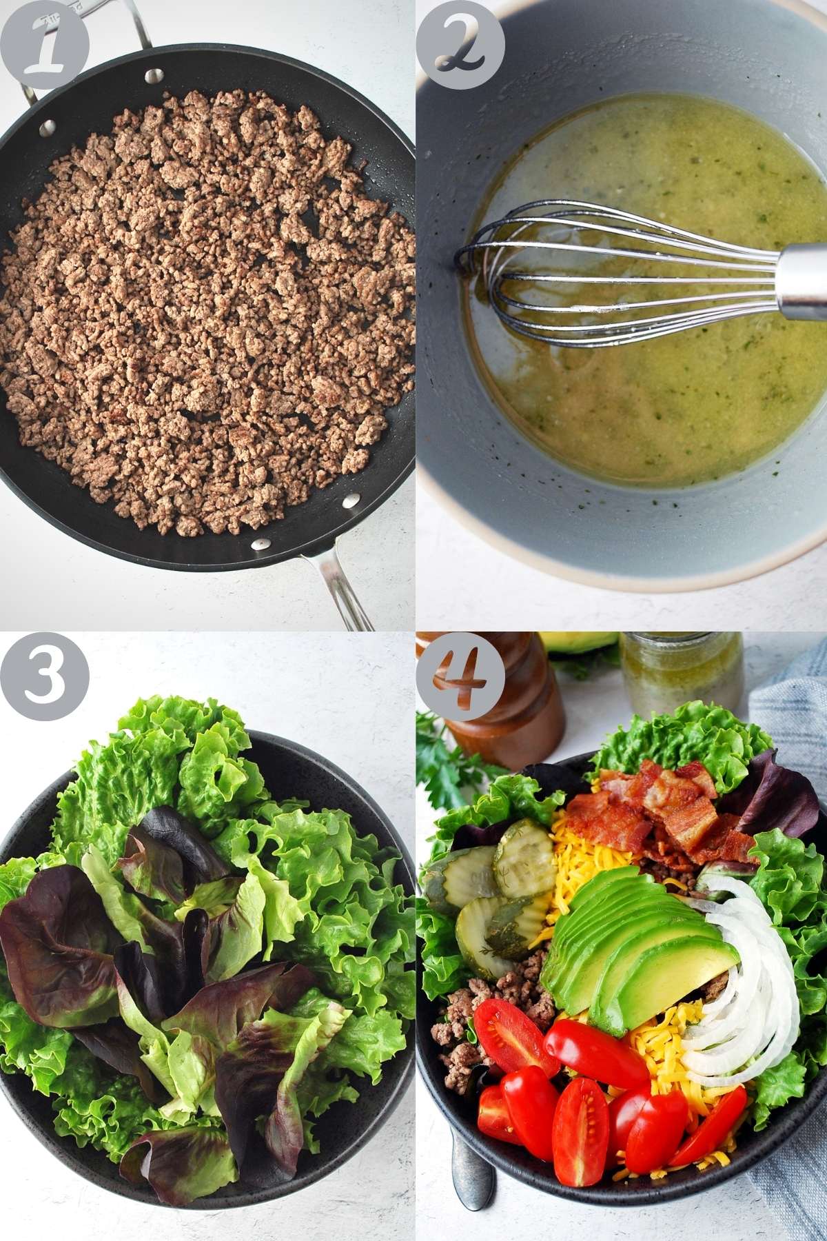 collage photo of steps to make the bowls: cooking the beef, whisking the dressing, lettuce in a bowl, and all of the ingredients in the finished salad