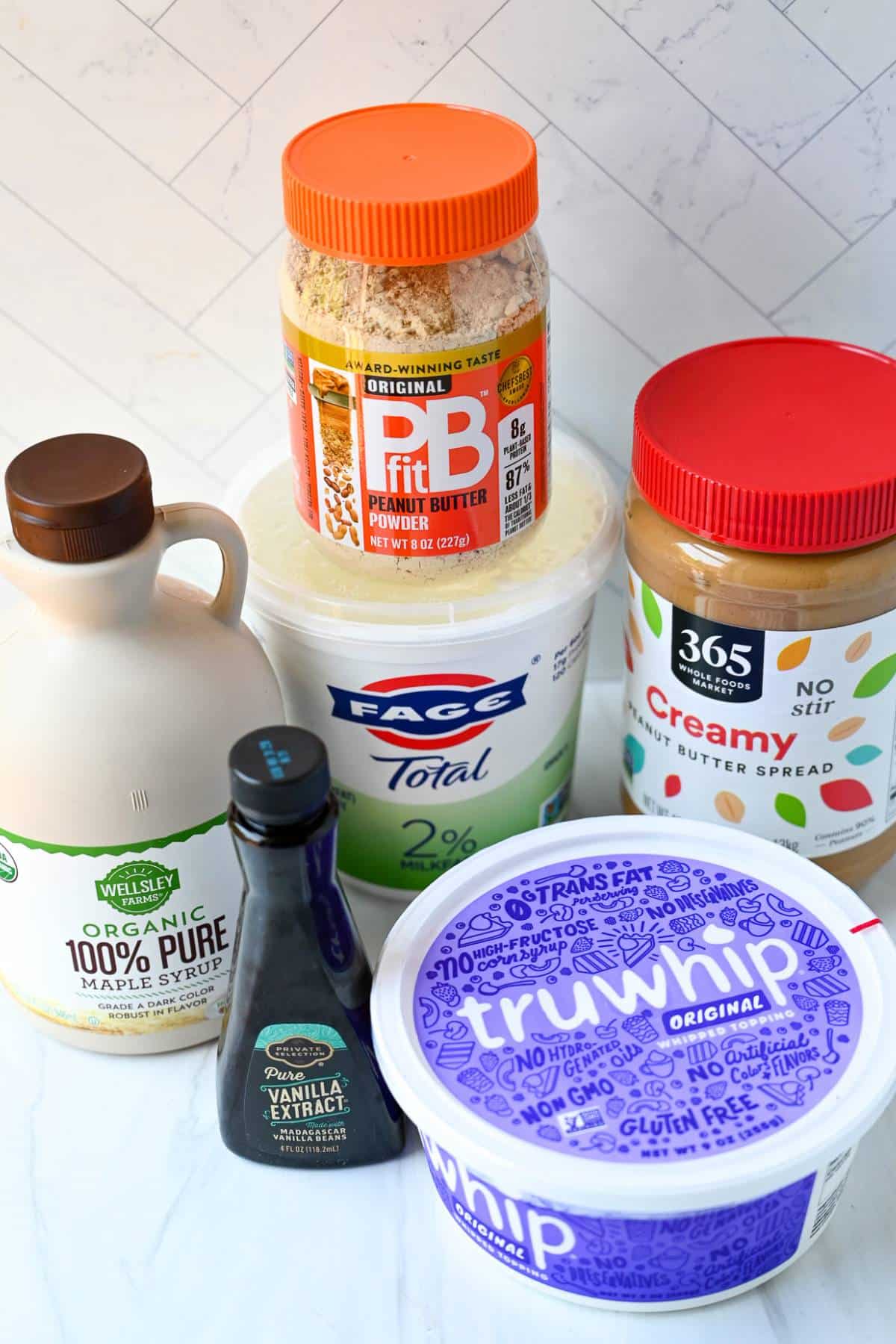 ingredients for healthier peanut butter mousse on a counter