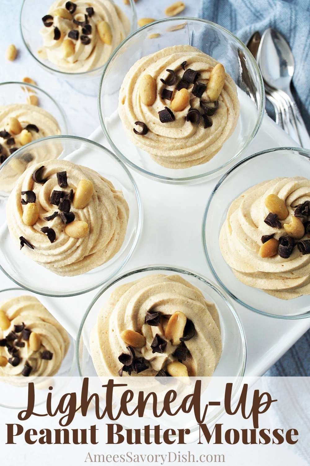 This easy recipe for Light Peanut Butter Mousse combines creamy peanut butter, mascarpone cheese, powdered sugar, and fluffy whipped topping for a delicious dessert that's ready in under 10 minutes! via @Ameessavorydish